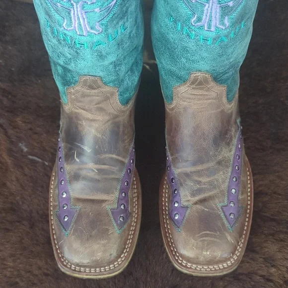 TIN HAUL ladies "WILD ROSE" cowboy boots brown/teal/purple leather Arrows sz 8 - Picture 10 of 16